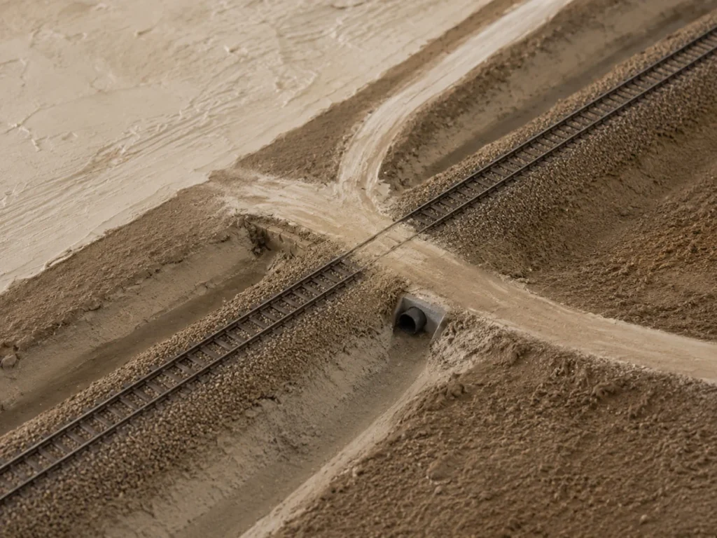 Entwaesserungsgraben neben Bahndamm Modelleisenbahn Planung Bau