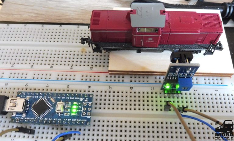 versuchsaufbau mit lok ir abstandssensor tcrt 5000 arduino nano moba module